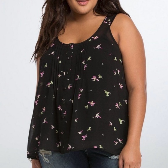 Torrid | Black Hummingbird Print Chiffon Tulip Back Sleeveless Top | size 1 - Picture 1 of 5